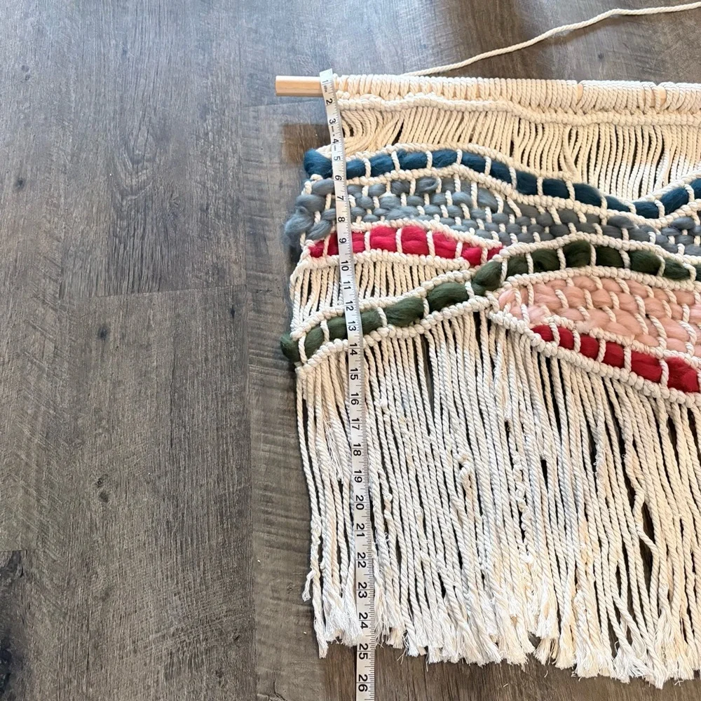 Handmade Cream Macramé Wall Hanging with Pink, Navy, Olive & Red Accents